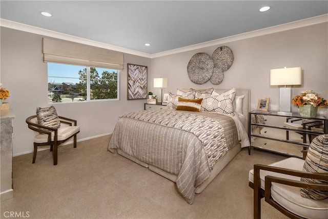 bedroom with baseboards, carpet, recessed lighting, and crown molding