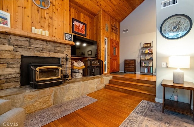 living room featuring wood finished floors, visible vents, high vaulted ceiling, and wood ceiling