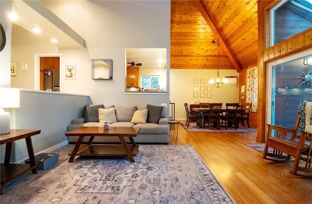 living area featuring high vaulted ceiling, wood finished floors, an inviting chandelier, wooden ceiling, and baseboards