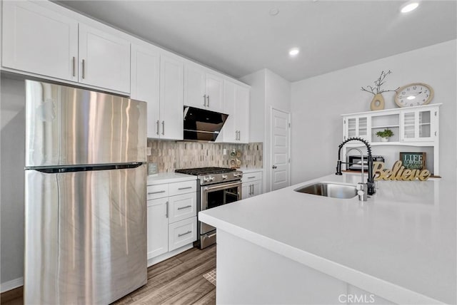 kitchen with stainless steel appliances, a sink, wood finished floors, exhaust hood, and open shelves