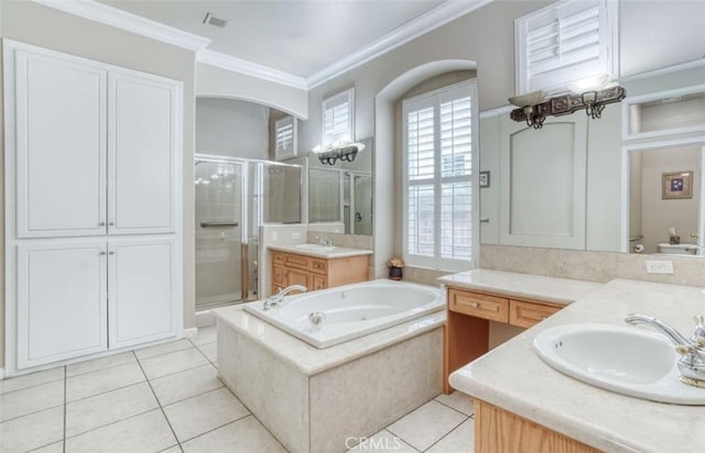 full bath featuring a garden tub, a stall shower, vanity, ornamental molding, and tile patterned flooring
