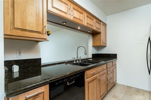 527 E Elmwood Ave Unit E, Burbank, CA 91501 - kitchen featuring a sink, dishwasher, light tile patterned floors, and dark stone counters