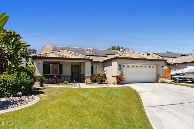 single story home with a tiled roof, concrete driveway, a garage, a front yard, and stucco siding
