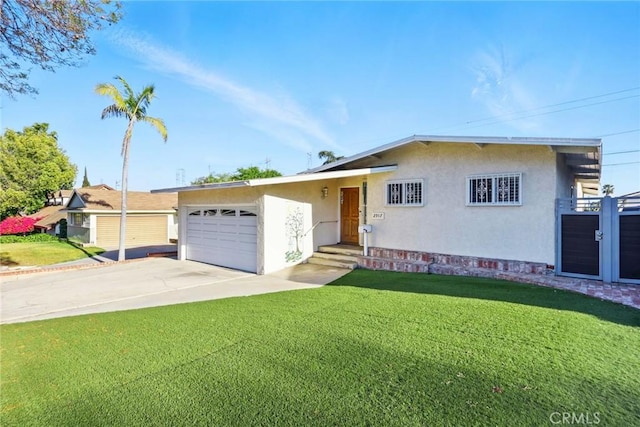ranch-style house with an attached garage, a front lawn, driveway, and stucco siding