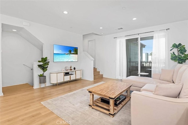 208 Novel, Irvine, CA 92618 - living room with light wood-style flooring, stairway, and recessed lighting