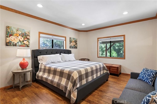 27363 Matterhorn Dr, Lake Arrowhead, CA 92352 - bedroom with recessed lighting, wood finished floors, crown molding, and baseboards