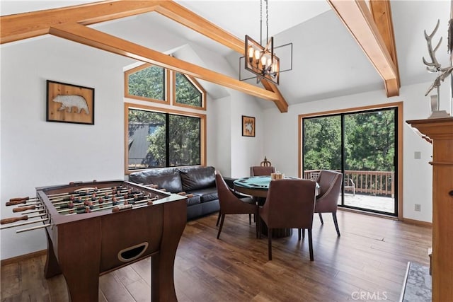 27363 Matterhorn Dr, Lake Arrowhead, CA 92352 - dining space with baseboards, vaulted ceiling with beams, wood finished floors, and an inviting chandelier