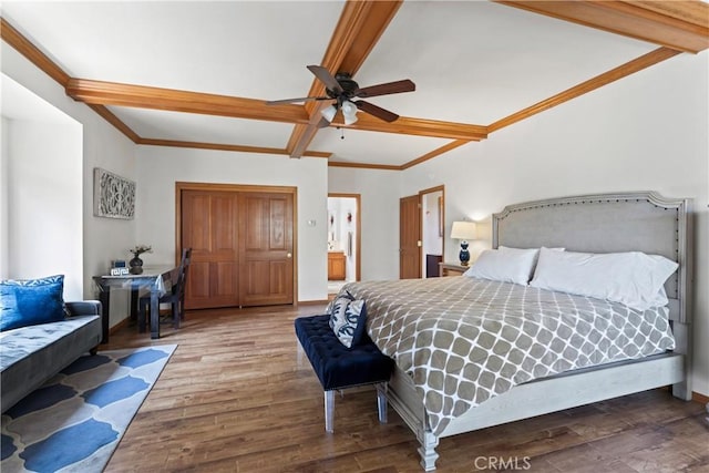 27363 Matterhorn Dr, Lake Arrowhead, CA 92352 - bedroom featuring baseboards, wood finished floors, beam ceiling, and ensuite bathroom