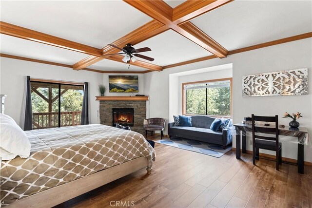 27363 Matterhorn Dr, Lake Arrowhead, CA 92352 - bedroom with beamed ceiling, wood finished floors, coffered ceiling, and multiple windows