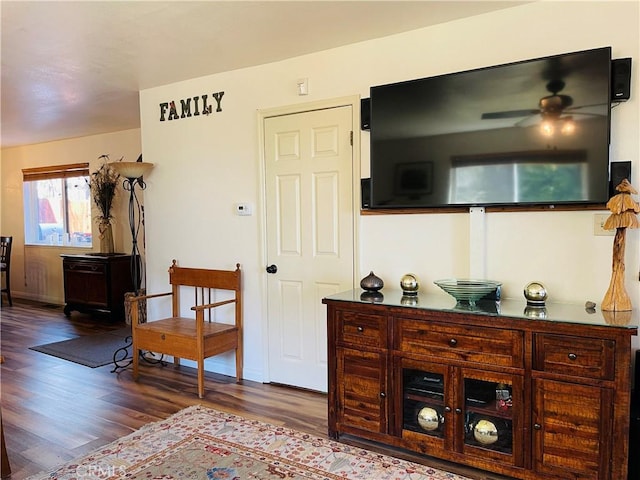 921 Piru Way, Frazier Park, CA 93225 - living room featuring wood finished floors, a ceiling fan, and baseboards