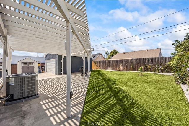 view of patio / terrace featuring an outbuilding, central air condition unit, a pergola, a garage, and a shed