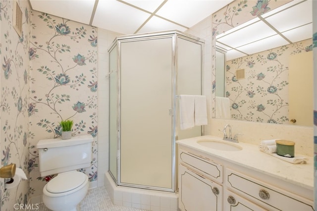 999 E Valley Blvd Unit 44, Alhambra, CA 91801 - full bath with wallpapered walls, a shower stall, vanity, toilet, and tile patterned floors