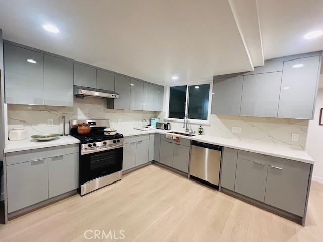 kitchen with a sink, gray cabinetry, stainless steel appliances, under cabinet range hood, and modern cabinets