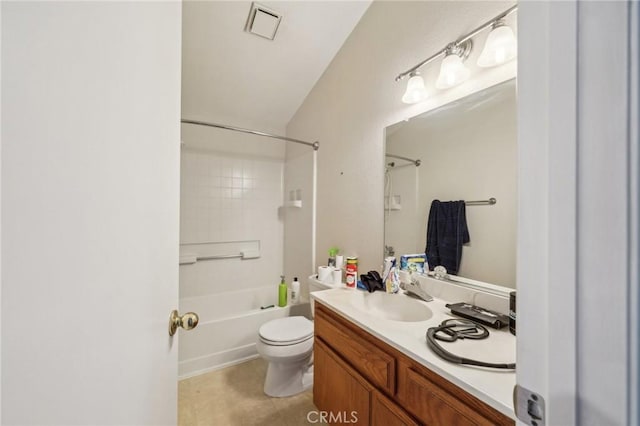 447 Westminister Dr, San Jacinto, CA 92583 - full bathroom with vanity, toilet, shower / bath combination, lofted ceiling, and tile patterned floors
