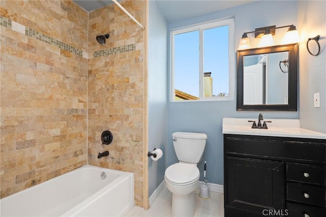 full bathroom with vanity, tub / shower combination, toilet, baseboards, and tile patterned flooring