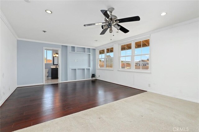 unfurnished living room with crown molding, healthy amount of natural light, a ceiling fan, baseboards, and recessed lighting