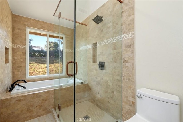 full bath featuring a shower stall, toilet, and a bath