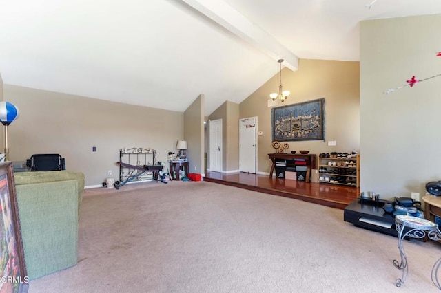 1421 E Abbottson St, Carson, CA 90746 - exercise area featuring a chandelier, carpet flooring, vaulted ceiling, and baseboards