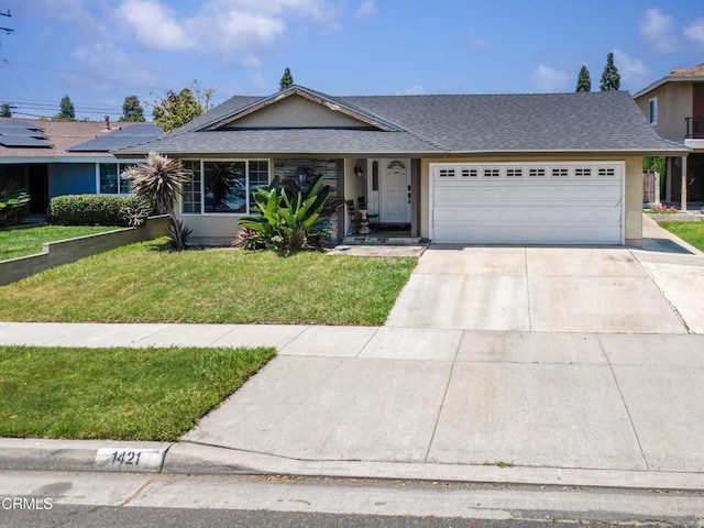 1421 E Abbottson St, Carson, CA 90746 - ranch-style house with an attached garage, a front yard, stucco siding, concrete driveway, and a shingled roof