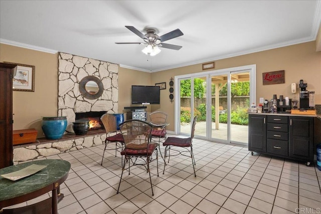 1943 Belmore Ct, El Cajon, CA 92020 - dining room with crown molding, light tile patterned flooring, ceiling fan, and a fireplace