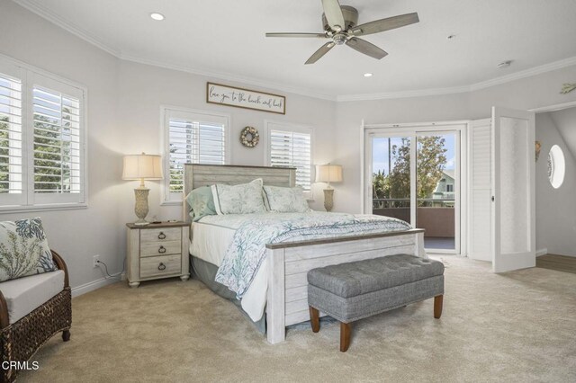 5270 W Wooley Rd, Oxnard, CA 93035 - bedroom with access to exterior, light carpet, crown molding, a ceiling fan, and recessed lighting