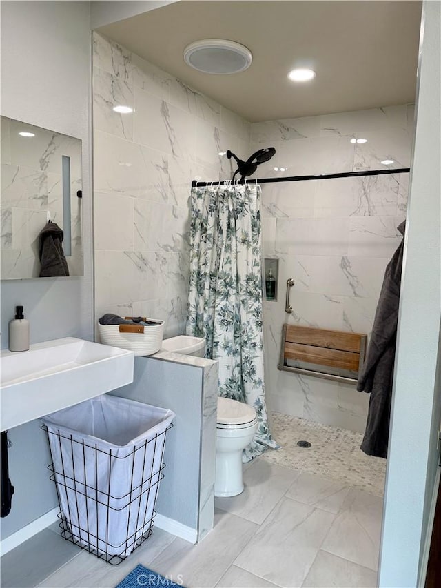 2579 Oak Springs Pl, Ontario, CA 91761 - full bathroom with a stall shower, toilet, marble finish flooring, vanity, and recessed lighting