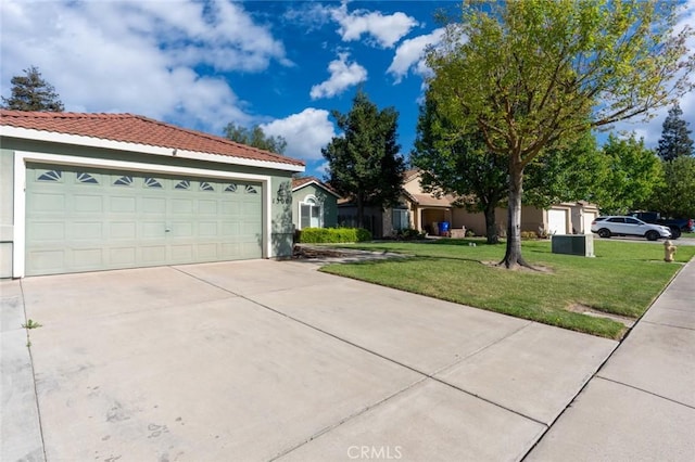 view of front of home featuring a garage, concrete driveway, a front lawn, and stucco siding