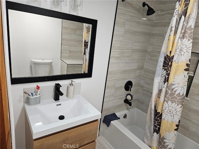 32868 Deer Ln, Running Springs, CA 92382 - bathroom with shower / bathtub combination with curtain and vanity