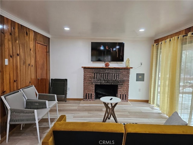 32868 Deer Ln, Running Springs, CA 92382 - living room featuring ornamental molding, a fireplace, recessed lighting, and wood finished floors