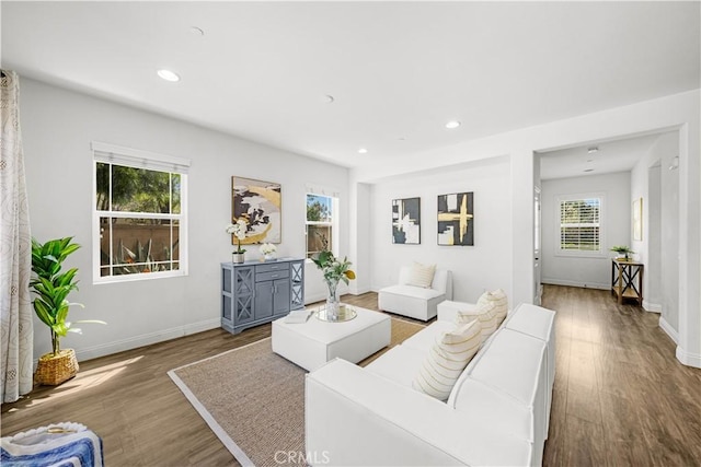 6208 Eucalyptus Ave, Chino, CA 91710 - living room with baseboards, a healthy amount of sunlight, recessed lighting, and wood finished floors