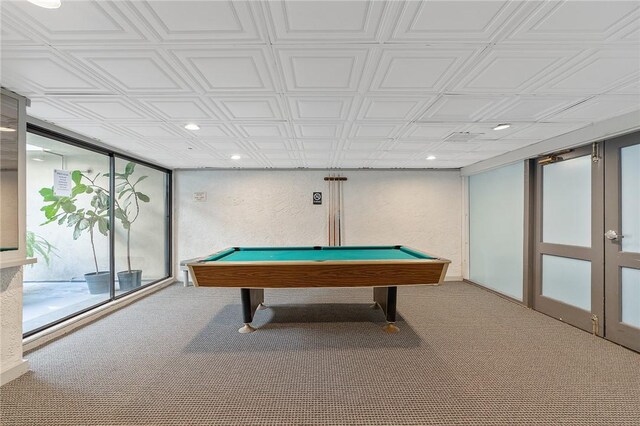 740 N Kings Rd Unit 225, West Hollywood, CA 90069 - rec room with carpet floors, recessed lighting, pool table, and an ornate ceiling