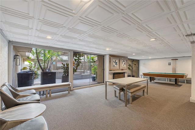 740 N Kings Rd Unit 225, West Hollywood, CA 90069 - game room featuring carpet floors, an ornate ceiling, pool table, and recessed lighting