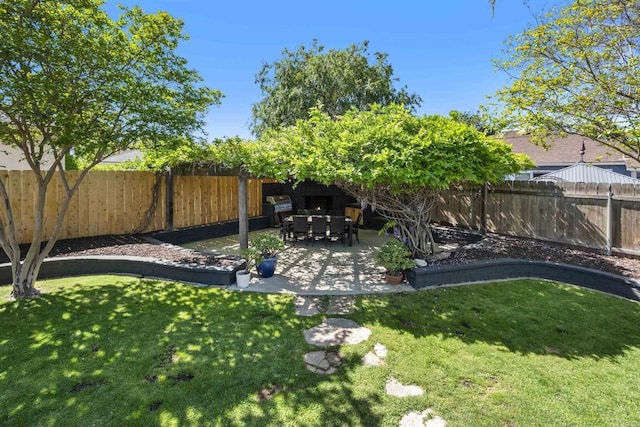 view of yard with a fenced backyard and a patio