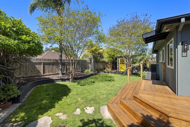 view of yard featuring a fenced backyard and a deck