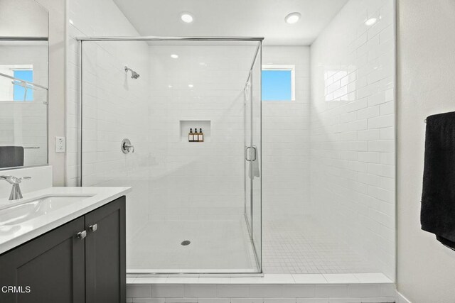 26945 Nature View Pl, Valencia, CA 91381 - bathroom featuring a shower stall, vanity, and recessed lighting