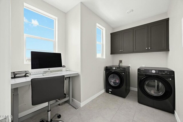 26945 Nature View Pl, Valencia, CA 91381 - clothes washing area featuring cabinet space, independent washer and dryer, baseboards, an office area, and light tile patterned floors
