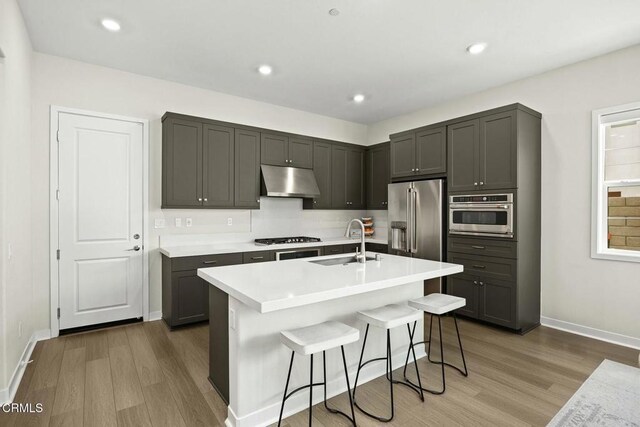 26945 Nature View Pl, Valencia, CA 91381 - kitchen featuring a sink, stainless steel appliances, under cabinet range hood, wood finished floors, and recessed lighting