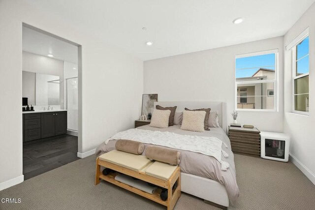 26945 Nature View Pl, Valencia, CA 91381 - bedroom with carpet, baseboards, recessed lighting, and connected bathroom
