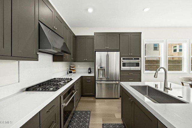 26945 Nature View Pl, Valencia, CA 91381 - kitchen with appliances with stainless steel finishes, a sink, under cabinet range hood, light countertops, and recessed lighting