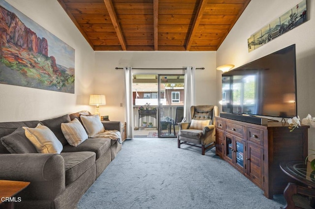 living area with wooden ceiling, vaulted ceiling with beams, and carpet