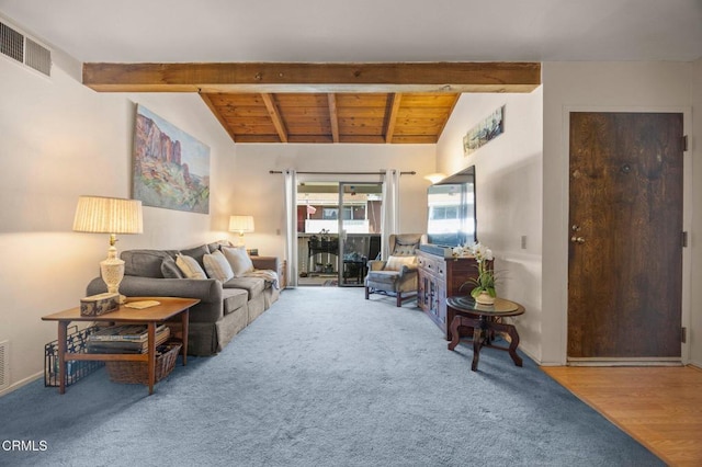 carpeted living room with wood ceiling, vaulted ceiling with beams, and visible vents