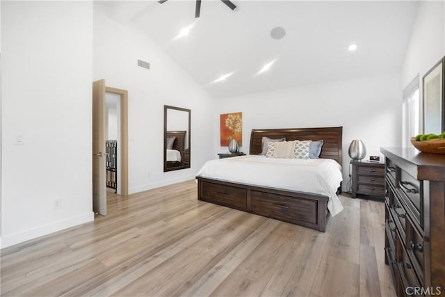 26011 Redbluff Dr, Calabasas, CA 91302 - bedroom with a ceiling fan, high vaulted ceiling, light wood-type flooring, visible vents, and baseboards