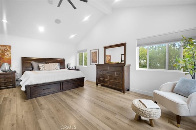26011 Redbluff Dr, Calabasas, CA 91302 - bedroom featuring light wood-style floors, baseboards, beamed ceiling, and high vaulted ceiling
