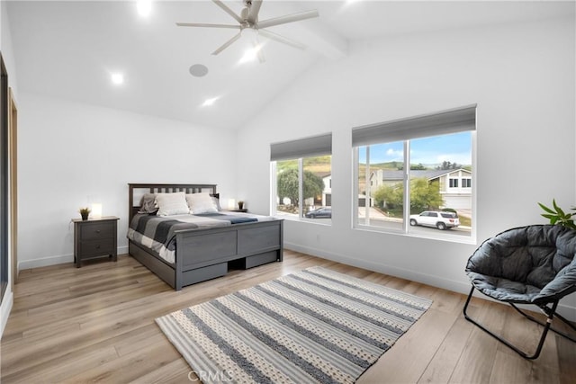 26011 Redbluff Dr, Calabasas, CA 91302 - bedroom with baseboards, ceiling fan, light wood-style flooring, and beam ceiling
