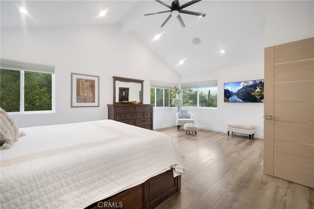 26011 Redbluff Dr, Calabasas, CA 91302 - bedroom featuring light wood-style flooring, high vaulted ceiling, baseboards, beamed ceiling, and recessed lighting