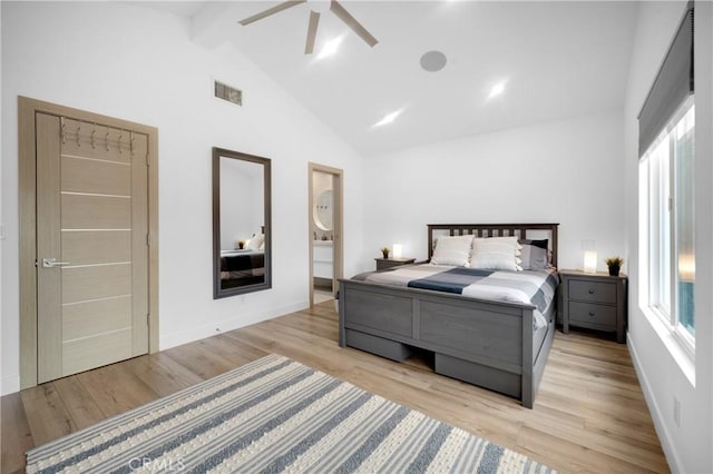 26011 Redbluff Dr, Calabasas, CA 91302 - bedroom featuring multiple windows, wood finished floors, visible vents, and beam ceiling