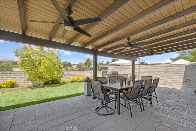 26011 Redbluff Dr, Calabasas, CA 91302 - view of patio with outdoor dining area, ceiling fan, and a fenced backyard