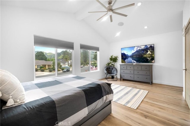 26011 Redbluff Dr, Calabasas, CA 91302 - bedroom featuring wood finished floors, a ceiling fan, baseboards, beamed ceiling, and recessed lighting