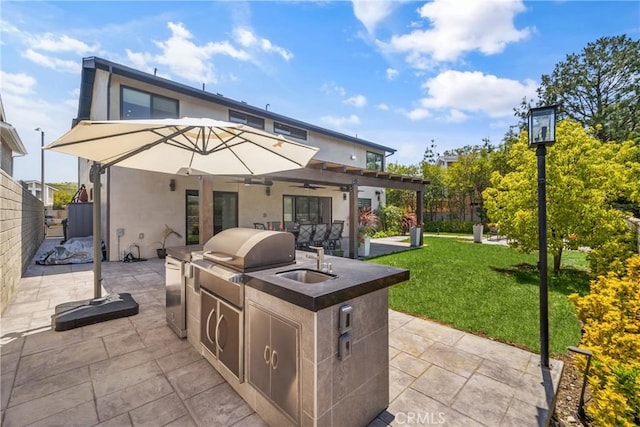 26011 Redbluff Dr, Calabasas, CA 91302 - back of house featuring a patio, a sink, stucco siding, area for grilling, and ceiling fan