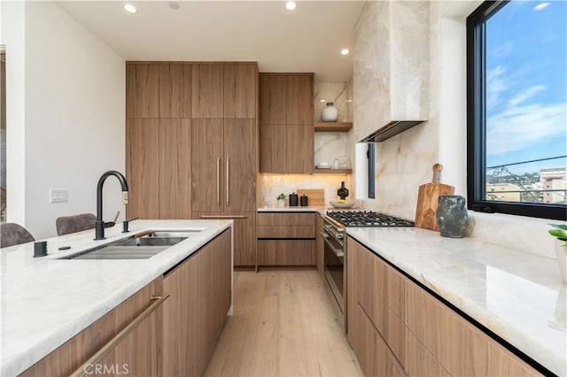 2219 W Starview Ln, Los Angeles, CA 90026 - kitchen with high end stainless steel range, a sink, light wood-type flooring, modern cabinets, and healthy amount of natural light